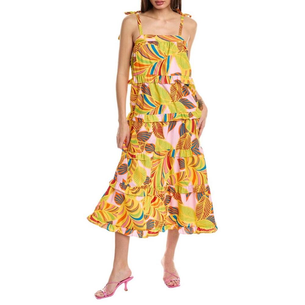 Flora Bea NYC Carey Maxi Dress Yellow Tiered Ruffle Tie Straps XS NWOT